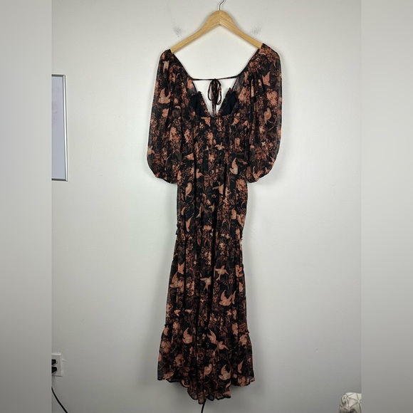 Free People You're A Jewel Maxi Dress Chiffon Black Rose Bird Print Floral Sz XS - Picture 2 of 11